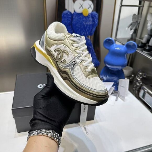 Chanel Women's Cream and Gold Sneakers - Picture 6 of 8